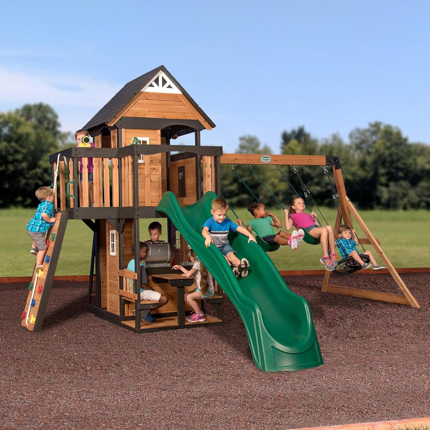 Backyard Discovery Canyon Creek Cedar Wood Swing Set with Wave Slide. Clubhouse. Play Kitchen. Picnic Area - Product image 2