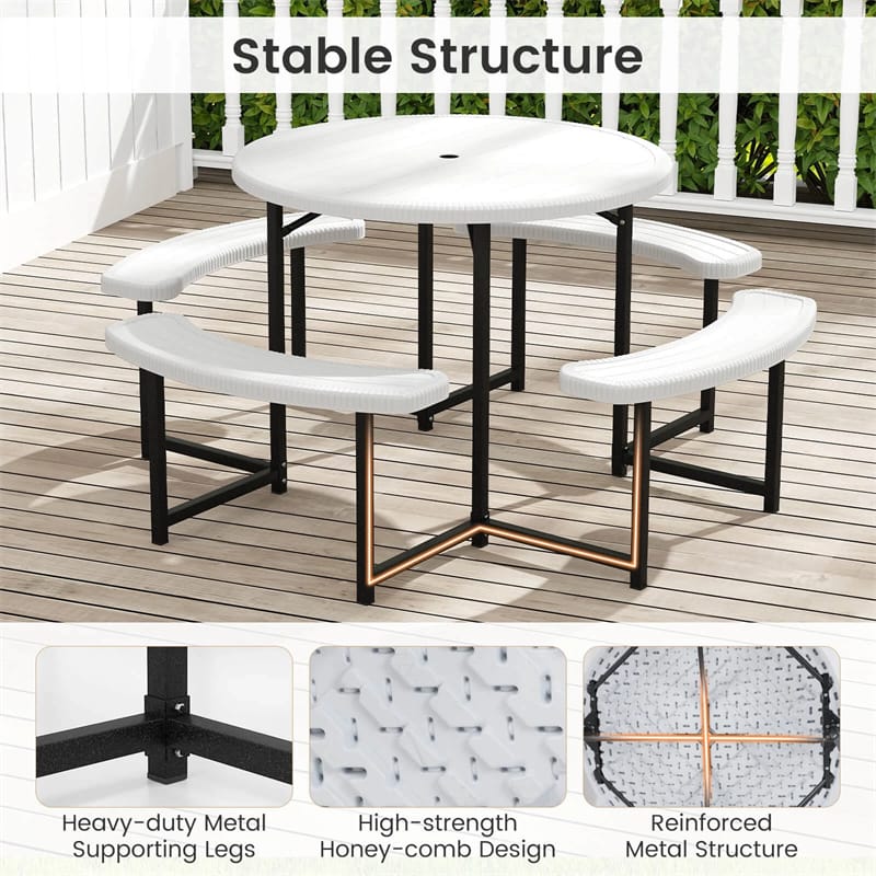 8 Person Round Outdoor Picnic Table Bench Set with Umbrella Hole, All-Weather HDPE Tabletop & Metal Frame - Product image 38