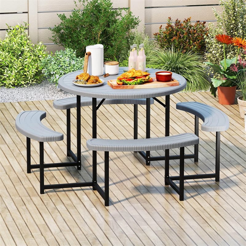 8 Person Round Outdoor Picnic Table Bench Set with Umbrella Hole, All-Weather HDPE Tabletop & Metal Frame - Product image 30