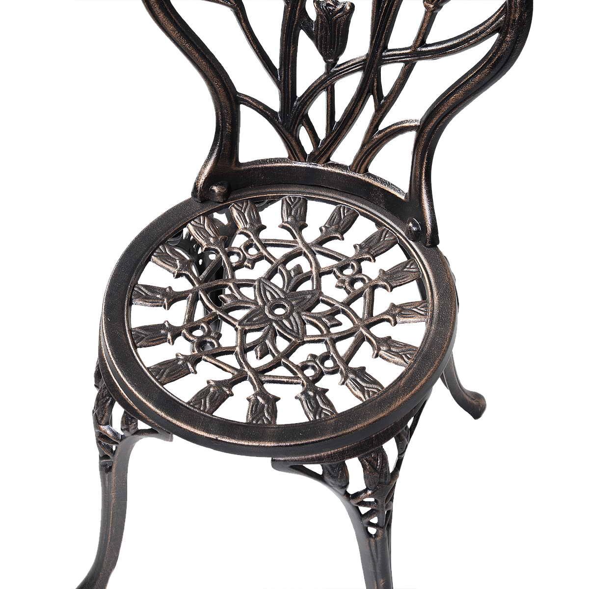 Garden furniture with 1 round table and 2 chairs in cast aluminum Retro style with tulip pattern with parasol hole -