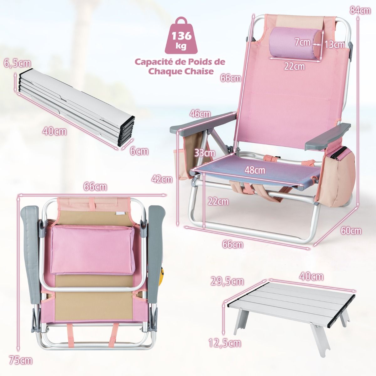 Set of 2 Folding Beach Camping Chairs Aluminum Roll-Up Table Headrest Adjustable Backrest in 5 Positions 6 Colors to Choose From -
