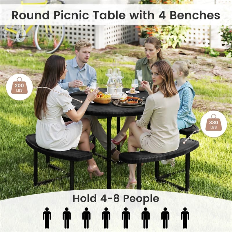 8 Person Round Outdoor Picnic Table Bench Set with Umbrella Hole, All-Weather HDPE Tabletop & Metal Frame - Product image 3