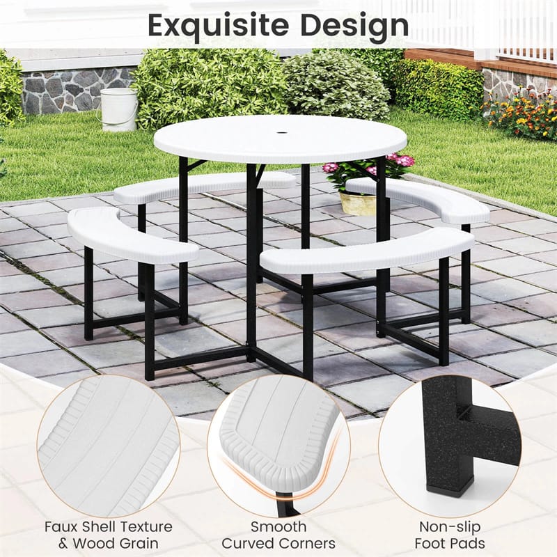 8 Person Round Outdoor Picnic Table Bench Set with Umbrella Hole, All-Weather HDPE Tabletop & Metal Frame - Product image 36