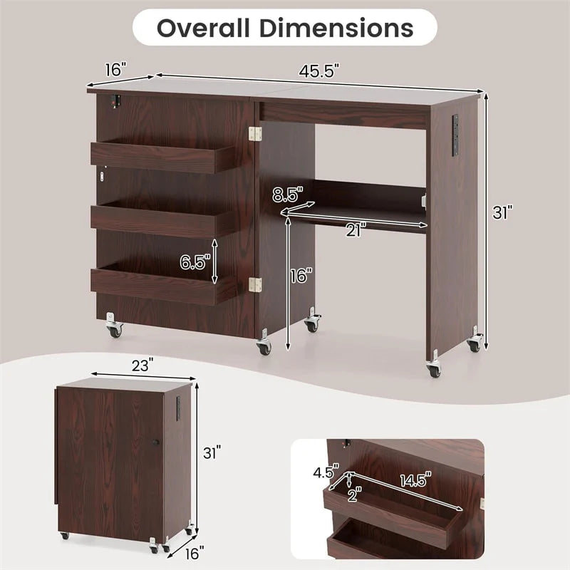 Folding Sewing Table with Charging Station, Rolling Craft Table w/ 3 Storage Trays & Shelf - Product image 16