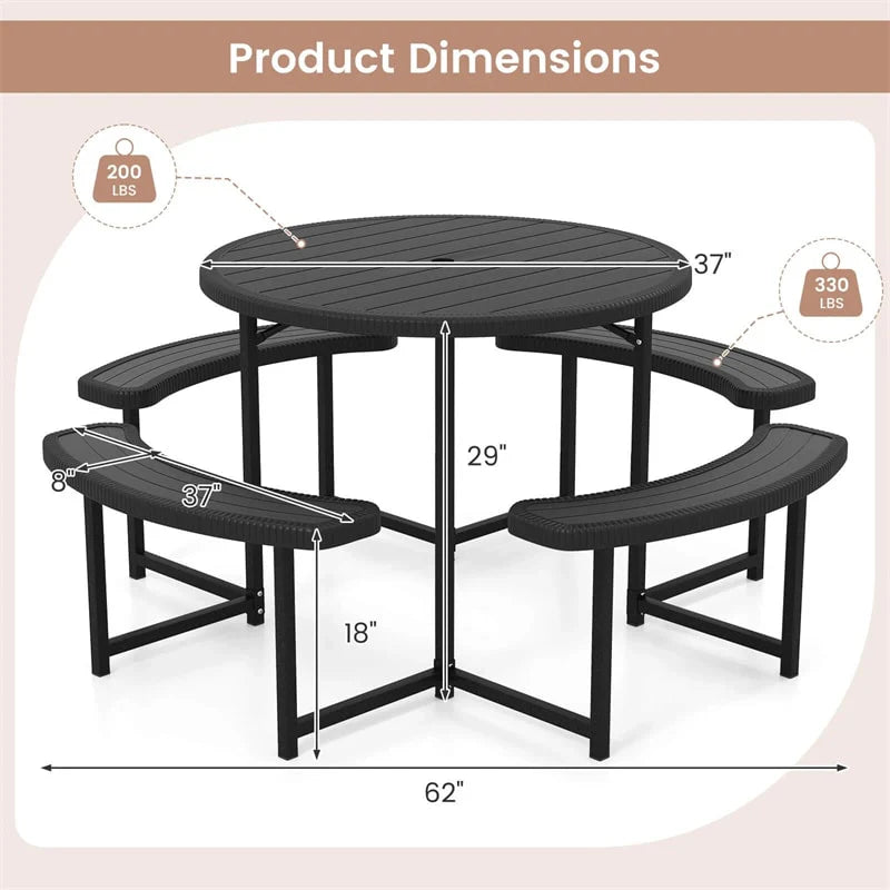 8 Person Round Outdoor Picnic Table Bench Set with Umbrella Hole, All-Weather HDPE Tabletop & Metal Frame - Product image 4