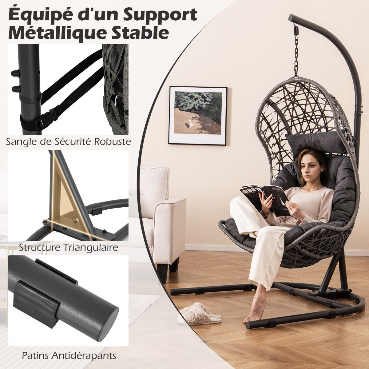 PE Rattan Egg Chair with Stand with Pillow and Cushion Hanging Chair with Suspension Accessories Capacity 160 Kg Gray -