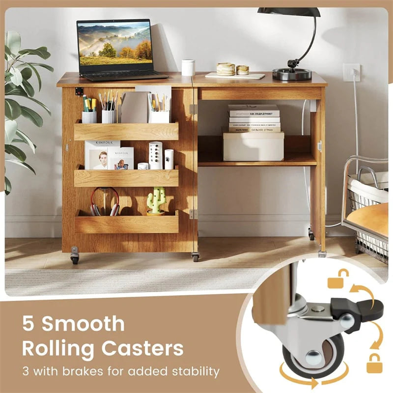 Folding Sewing Table with Charging Station, Rolling Craft Table w/ 3 Storage Trays & Shelf - Product image 44