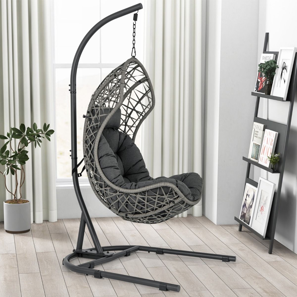 PE Rattan Egg Chair with Stand with Pillow and Cushion Hanging Chair with Suspension Accessories Capacity 160 Kg Gray -