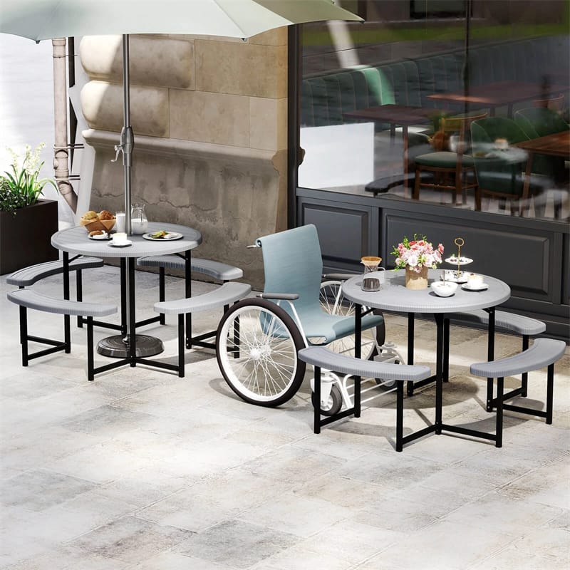 8 Person Round Outdoor Picnic Table Bench Set with Umbrella Hole, All-Weather HDPE Tabletop & Metal Frame - Product image 22