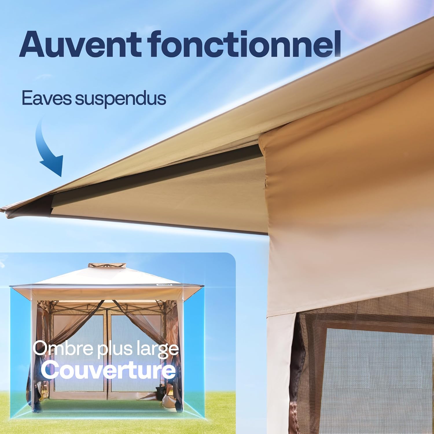 VIVOHOME Screen Tent Portable Water Resistant Folding Gazebo Barnum Garden Gazebo with Mosquito Net 2 Zippered Doors and Rolling Bag (Beige & Brown, 3x3 m)