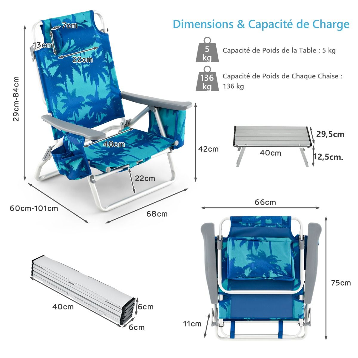 Set of 2 Folding Beach Camping Chairs Aluminum Roll-Up Table Headrest Adjustable Backrest in 5 Positions 6 Colors to Choose From -