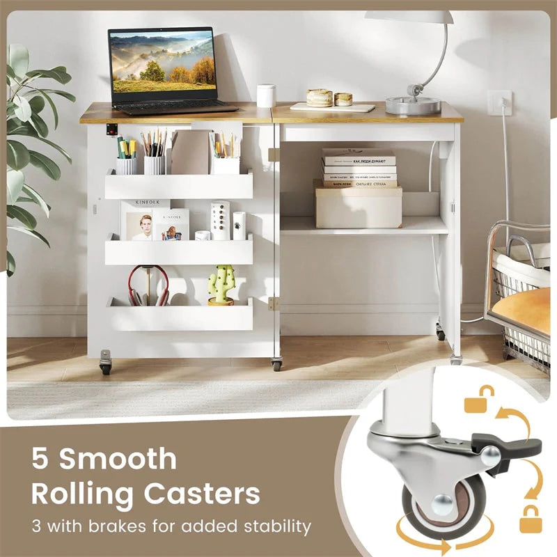 Folding Sewing Table with Charging Station, Rolling Craft Table w/ 3 Storage Trays & Shelf - Product image 8