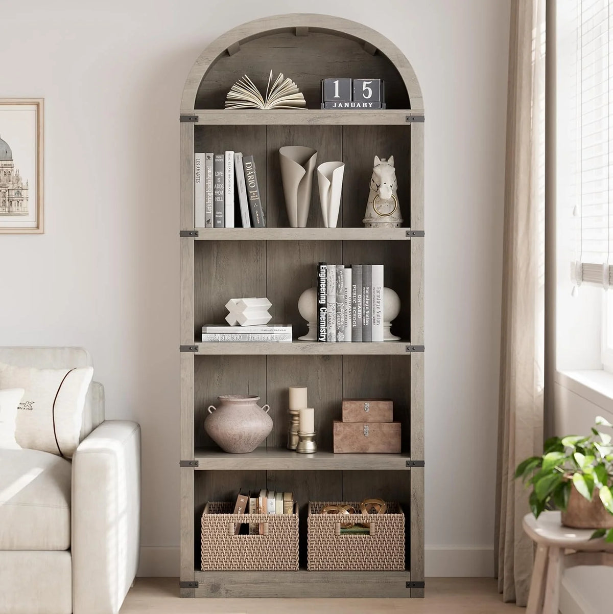 Bookcase 5 Shelf Arched Bookshelf 71.65in Tall Bookcase Farmhouse Display Storage Rack Wooden Bookshelves - Product image 11