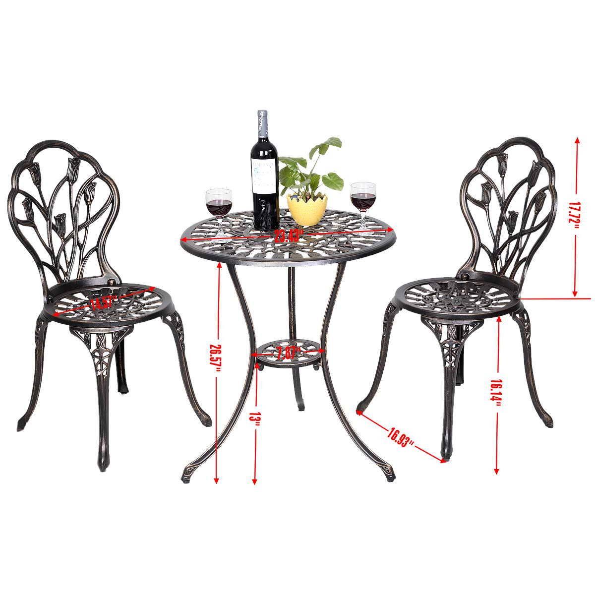 Garden furniture with 1 round table and 2 chairs in cast aluminum Retro style with tulip pattern with parasol hole -