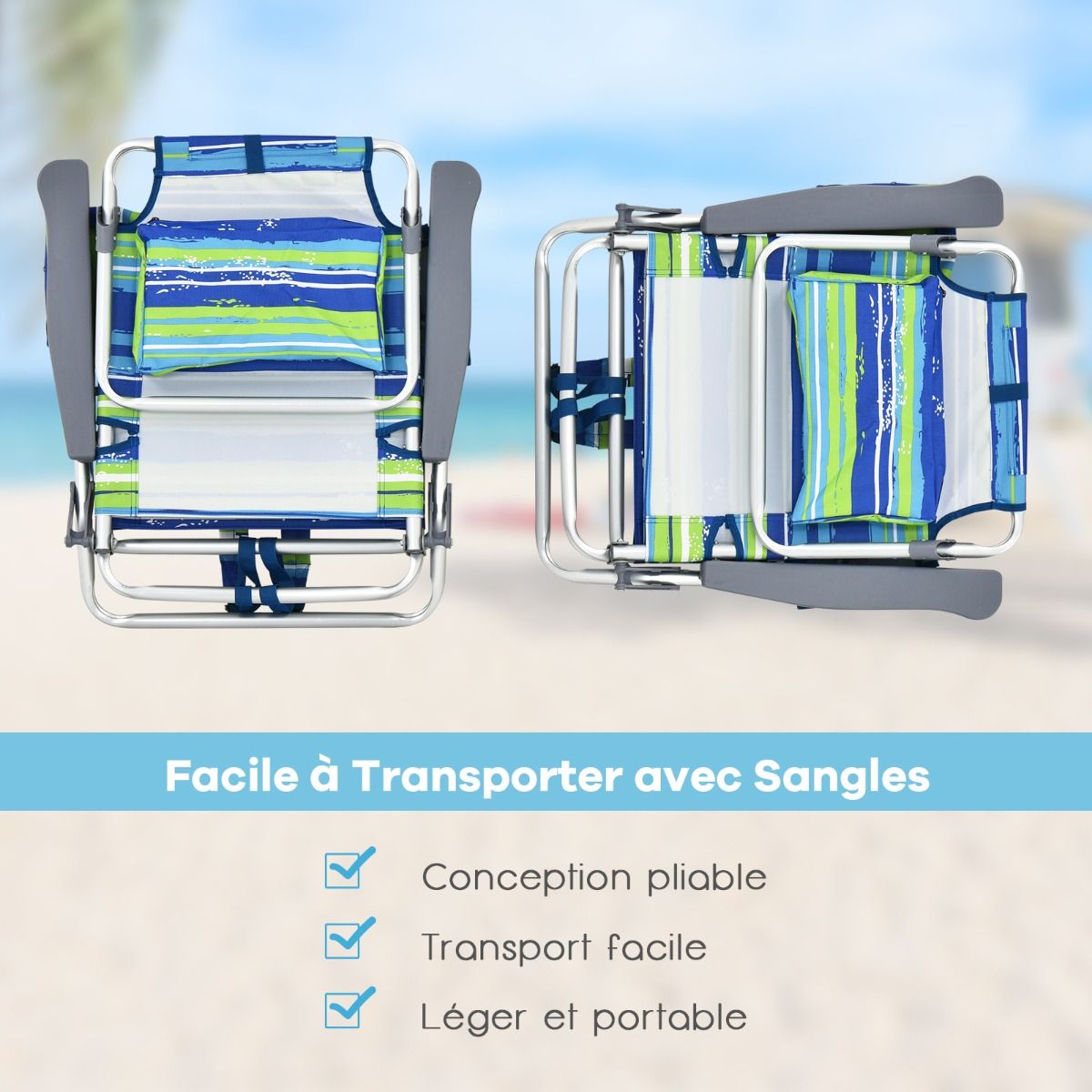 Set of 2 Folding Beach Camping Chairs Aluminum Roll-Up Table Headrest Adjustable Backrest in 5 Positions 6 Colors to Choose From -