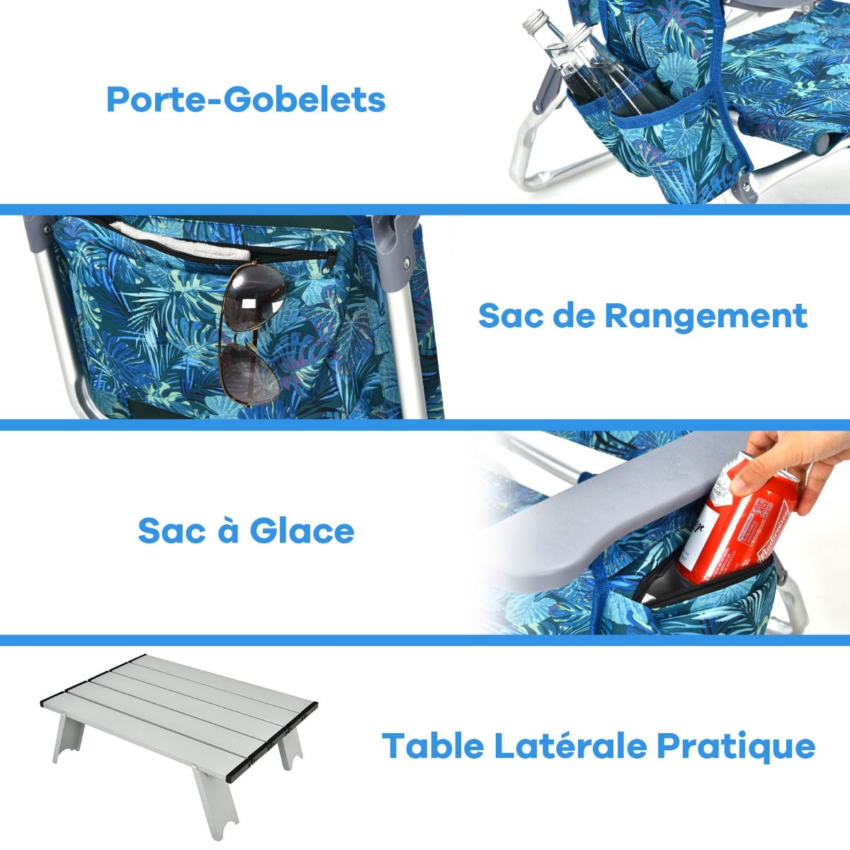 Set of 2 Folding Beach Camping Chairs Aluminum Roll-Up Table Headrest Adjustable Backrest in 5 Positions 6 Colors to Choose From -