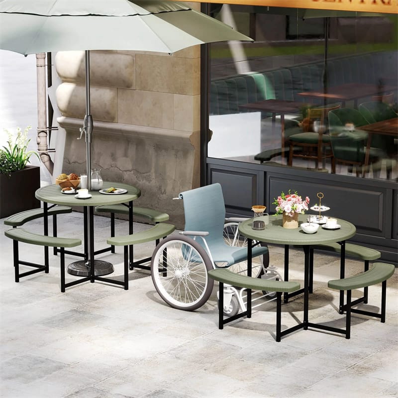 8 Person Round Outdoor Picnic Table Bench Set with Umbrella Hole, All-Weather HDPE Tabletop & Metal Frame - Product image 12