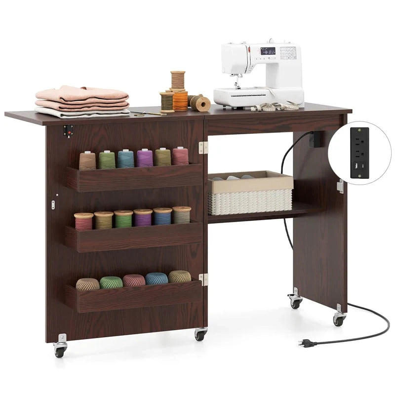 Folding Sewing Table with Charging Station, Rolling Craft Table w/ 3 Storage Trays & Shelf - Product image 23