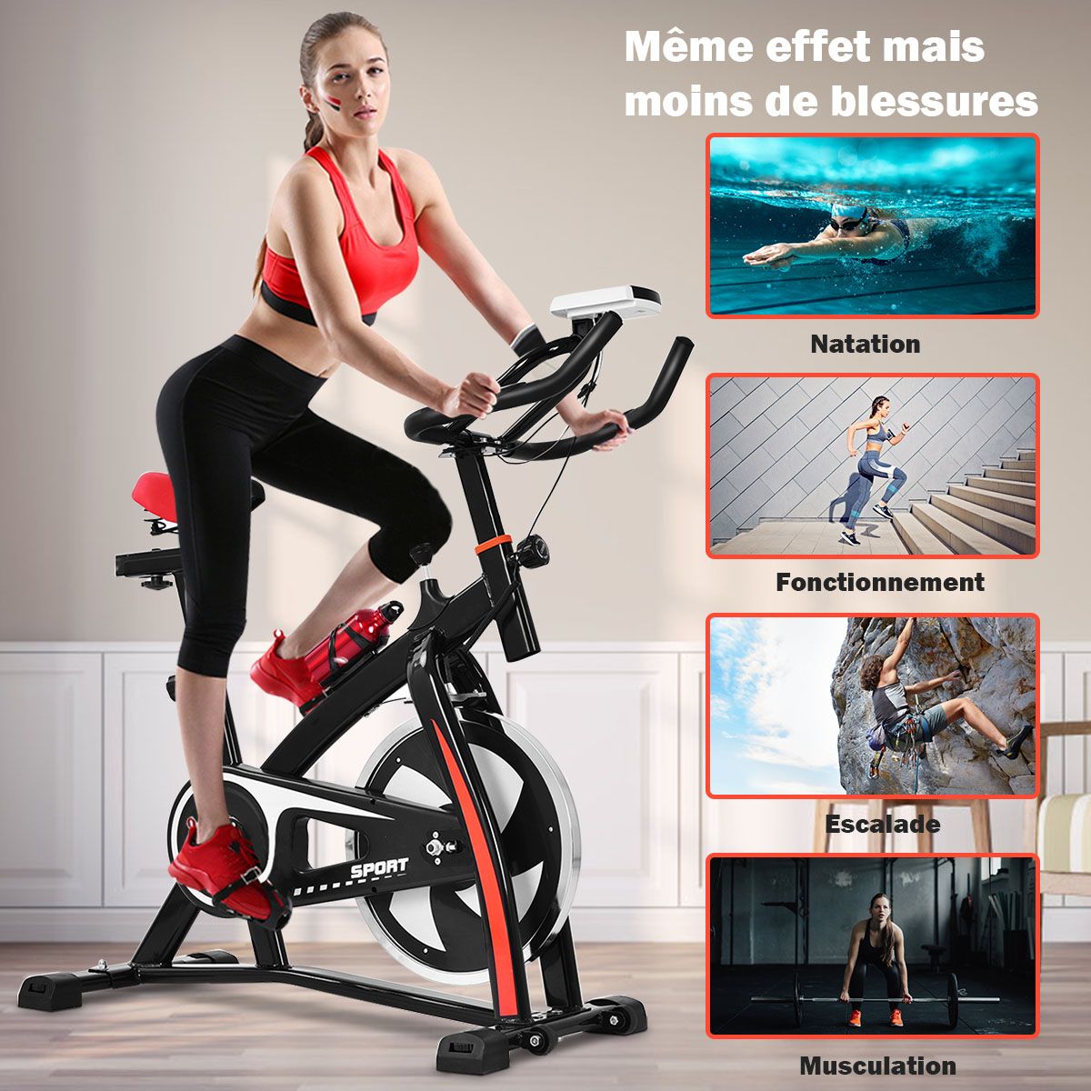 Exercise Bike Silent Bike with Belt and 10kg Iron Flywheel Handlebar and Adjustable Saddle Black + Red -