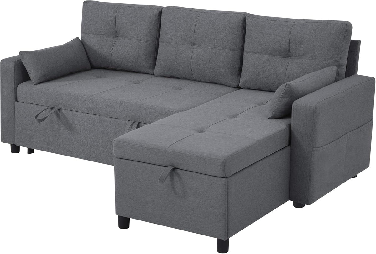 Zubaliya L-Shaped Convertible Sofa, 2-Seater Convertible Sofa Bed, Gray, 3-Seater Pull-Out Sofa Bed with Sleeping Function, Equipped with Storage Space