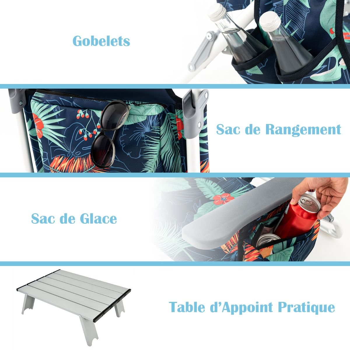 Set of 2 Folding Beach Camping Chairs Aluminum Roll-Up Table Headrest Adjustable Backrest in 5 Positions 6 Colors to Choose From -