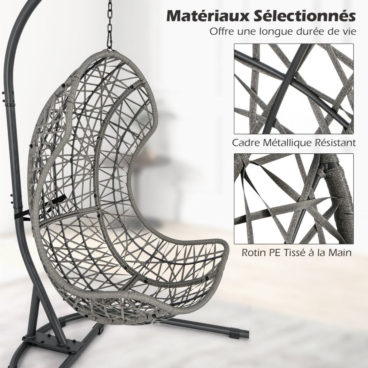 PE Rattan Egg Chair with Stand with Pillow and Cushion Hanging Chair with Suspension Accessories Capacity 160 Kg Gray -