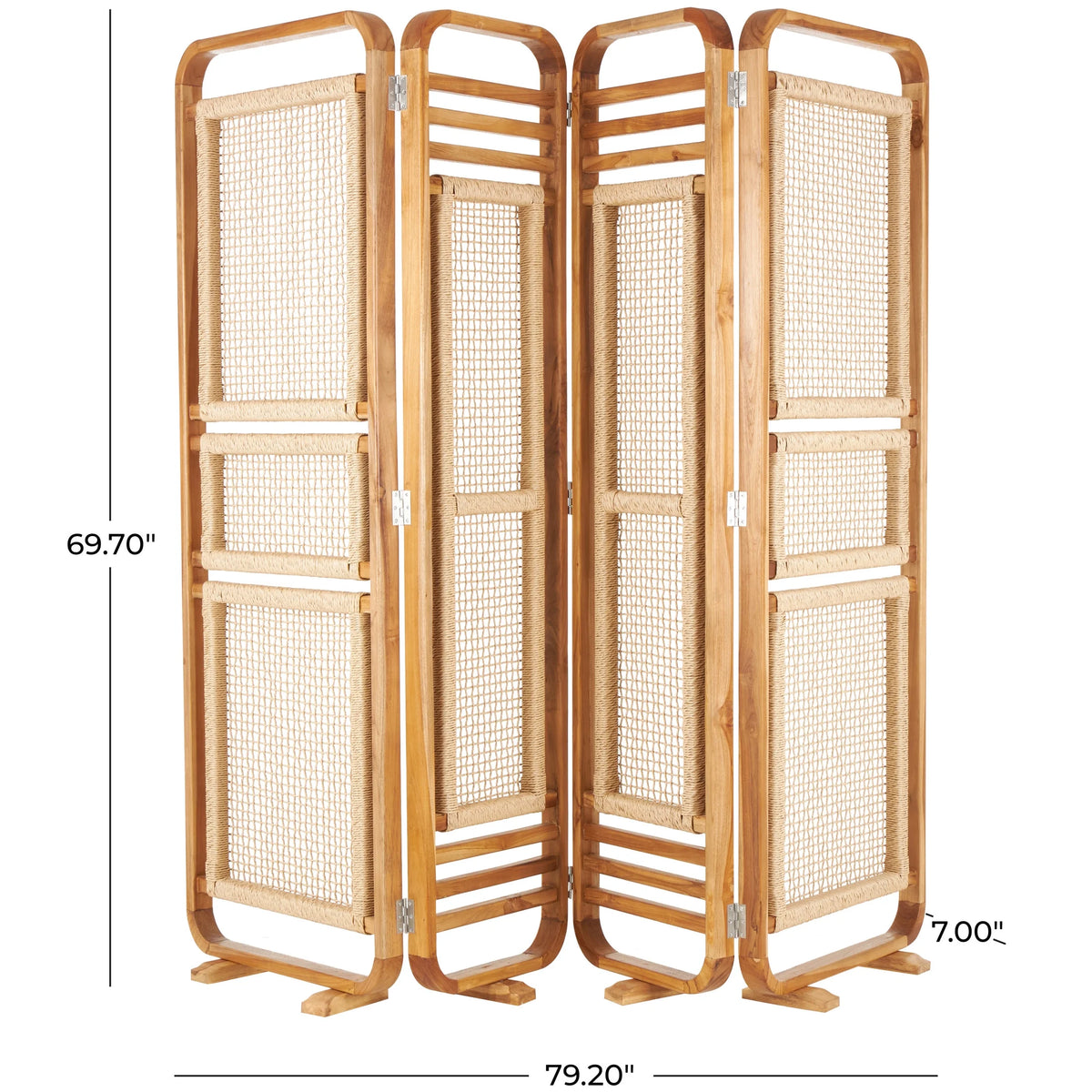 Decmode 79" x 70" Brown Teak Wood Handmade Foldable Partition 4 Panel Room Divider Screen with Woven Rattan - Product image 3