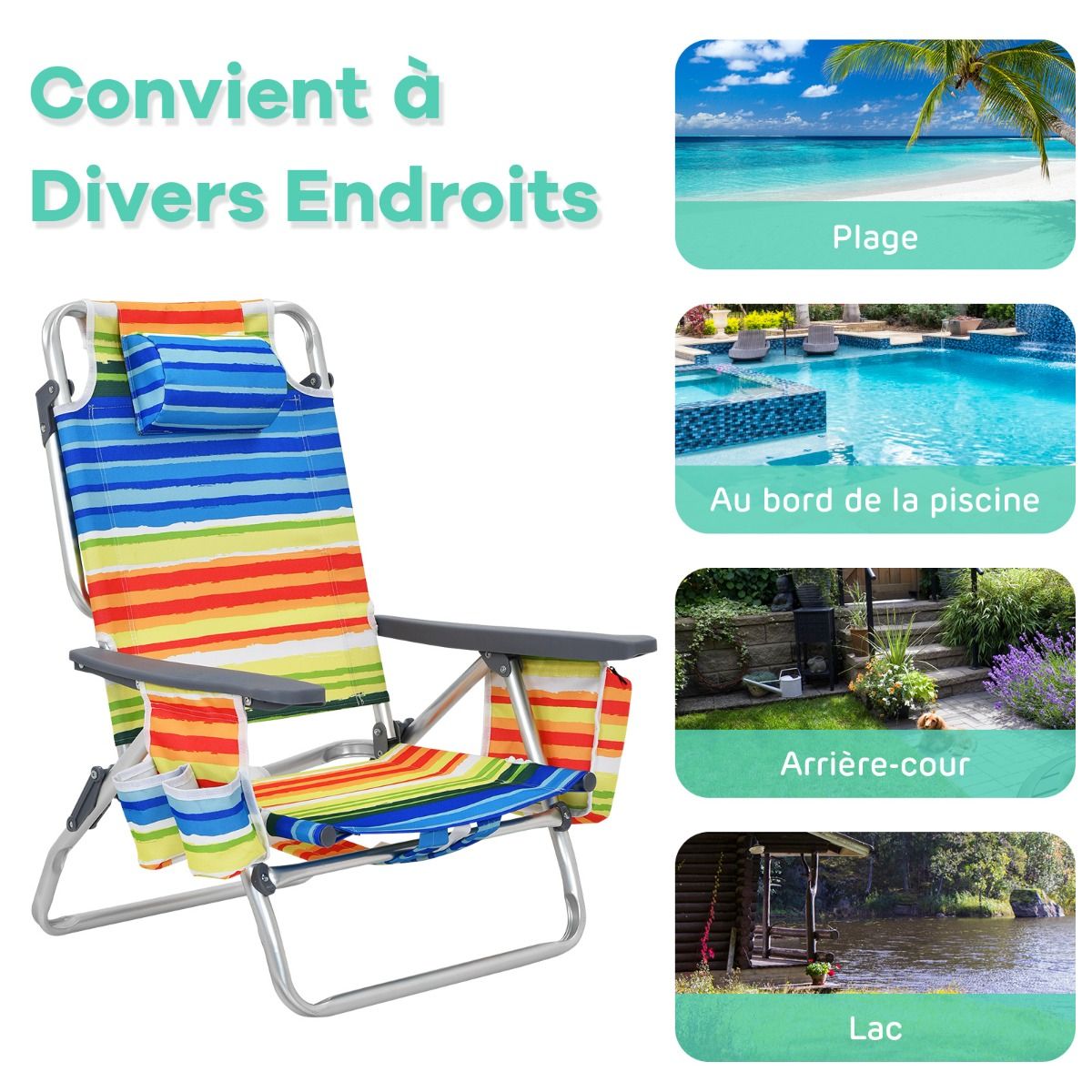 Set of 2 Folding Beach Camping Chairs Aluminum Roll-Up Table Headrest Adjustable Backrest in 5 Positions 6 Colors to Choose From -