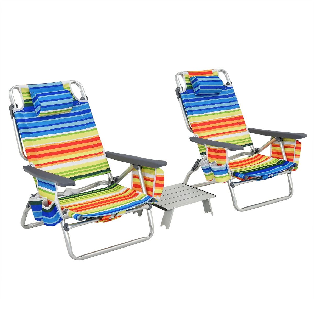 Set of 2 Folding Beach Camping Chairs Aluminum Roll-Up Table Headrest Adjustable Backrest in 5 Positions 6 Colors to Choose From -