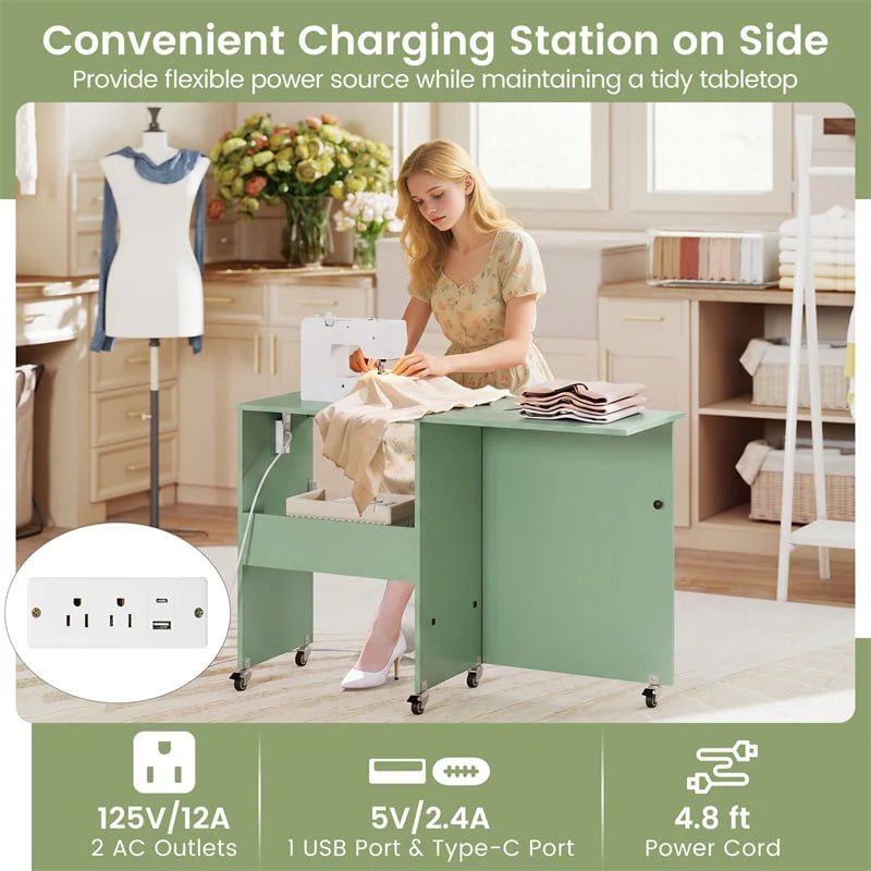 Folding Sewing Table with Charging Station, Rolling Craft Table w/ 3 Storage Trays & Shelf - Product image 54