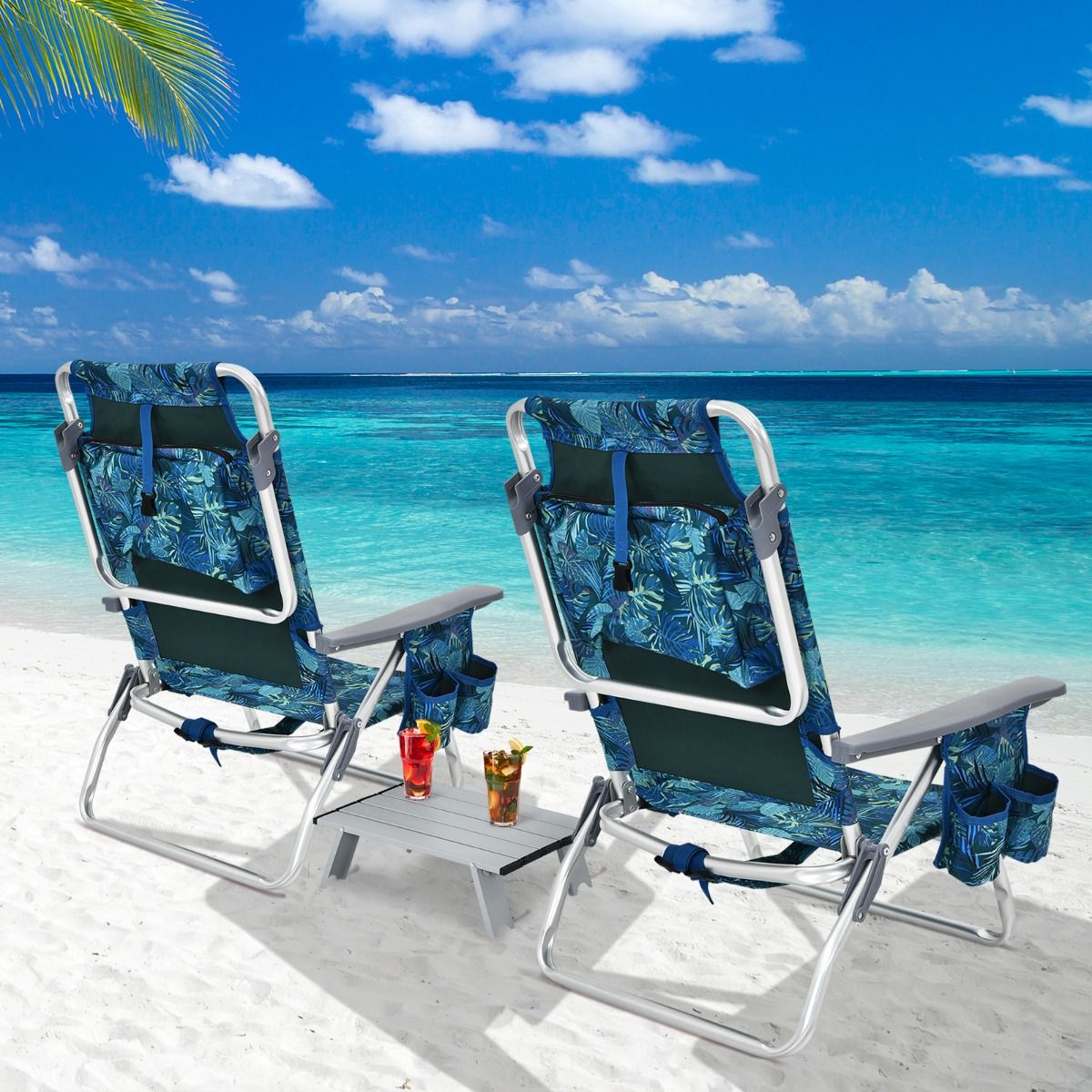 Set of 2 Folding Beach Camping Chairs Aluminum Roll-Up Table Headrest Adjustable Backrest in 5 Positions 6 Colors to Choose From -