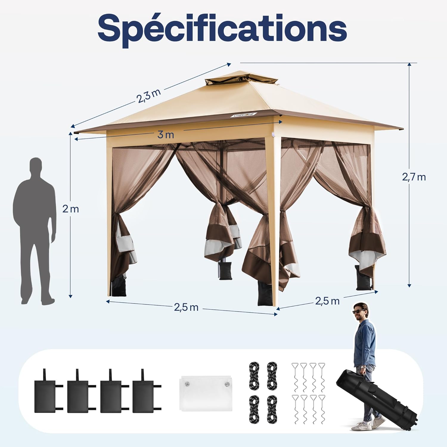 VIVOHOME Screen Tent Portable Water Resistant Folding Gazebo Barnum Garden Gazebo with Mosquito Net 2 Zippered Doors and Rolling Bag (Beige & Brown, 3x3 m)