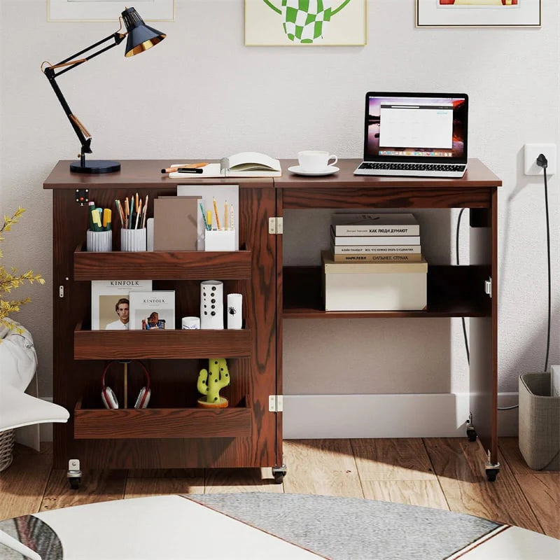 Folding Sewing Table with Charging Station, Rolling Craft Table w/ 3 Storage Trays & Shelf - Product image 15