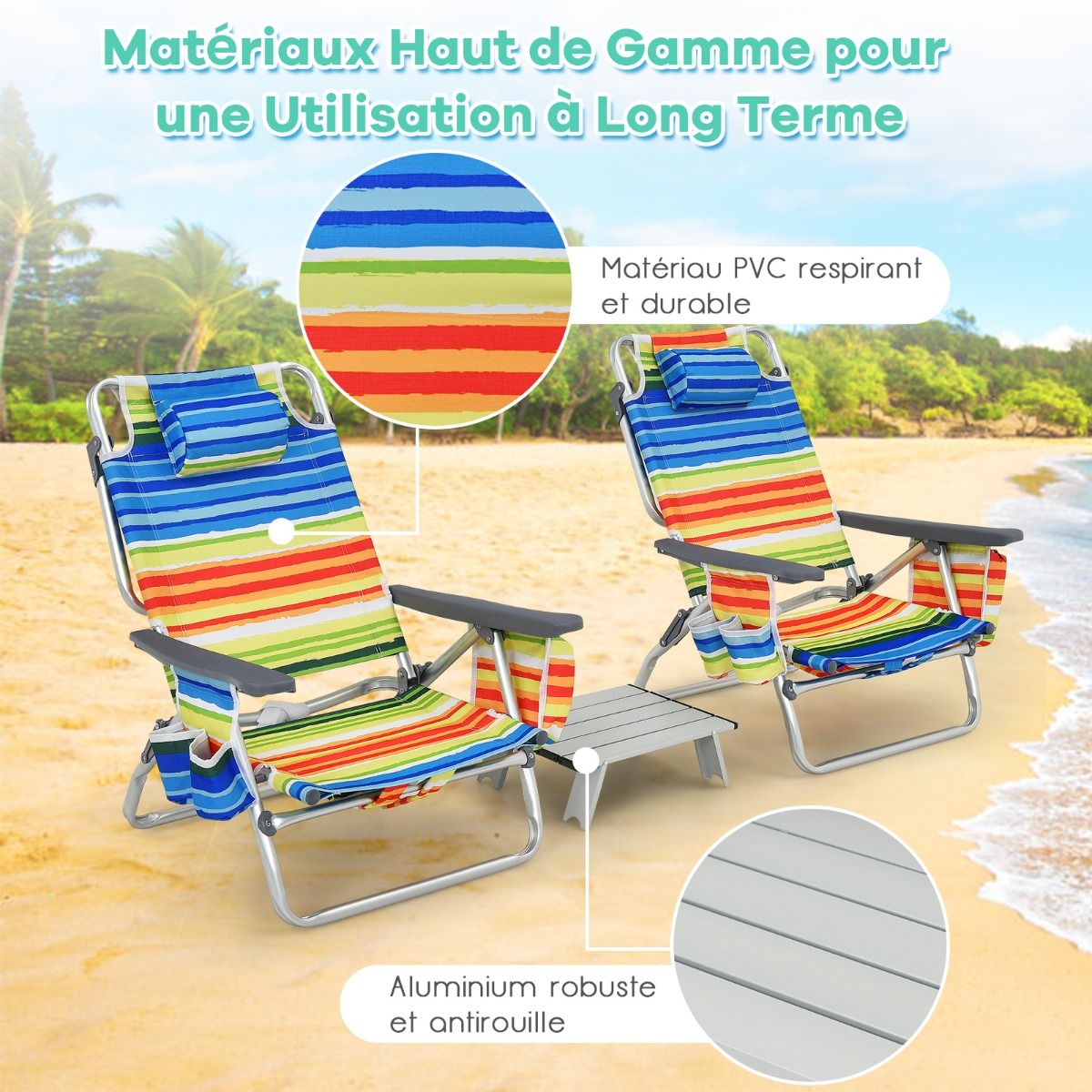 Set of 2 Folding Beach Camping Chairs Aluminum Roll-Up Table Headrest Adjustable Backrest in 5 Positions 6 Colors to Choose From -