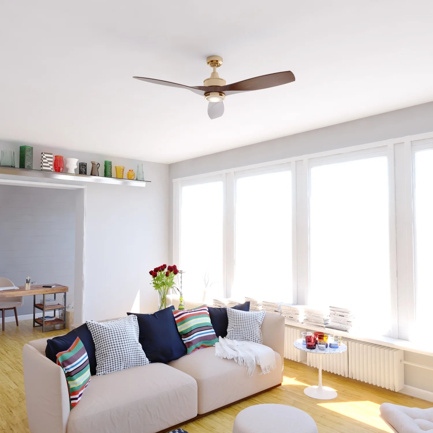 Vaxcel Curtiss Satin Brass Mid - Century Modern MCM Wood Propeller Ceiling Fan with LED Light Kit and - Product image 6