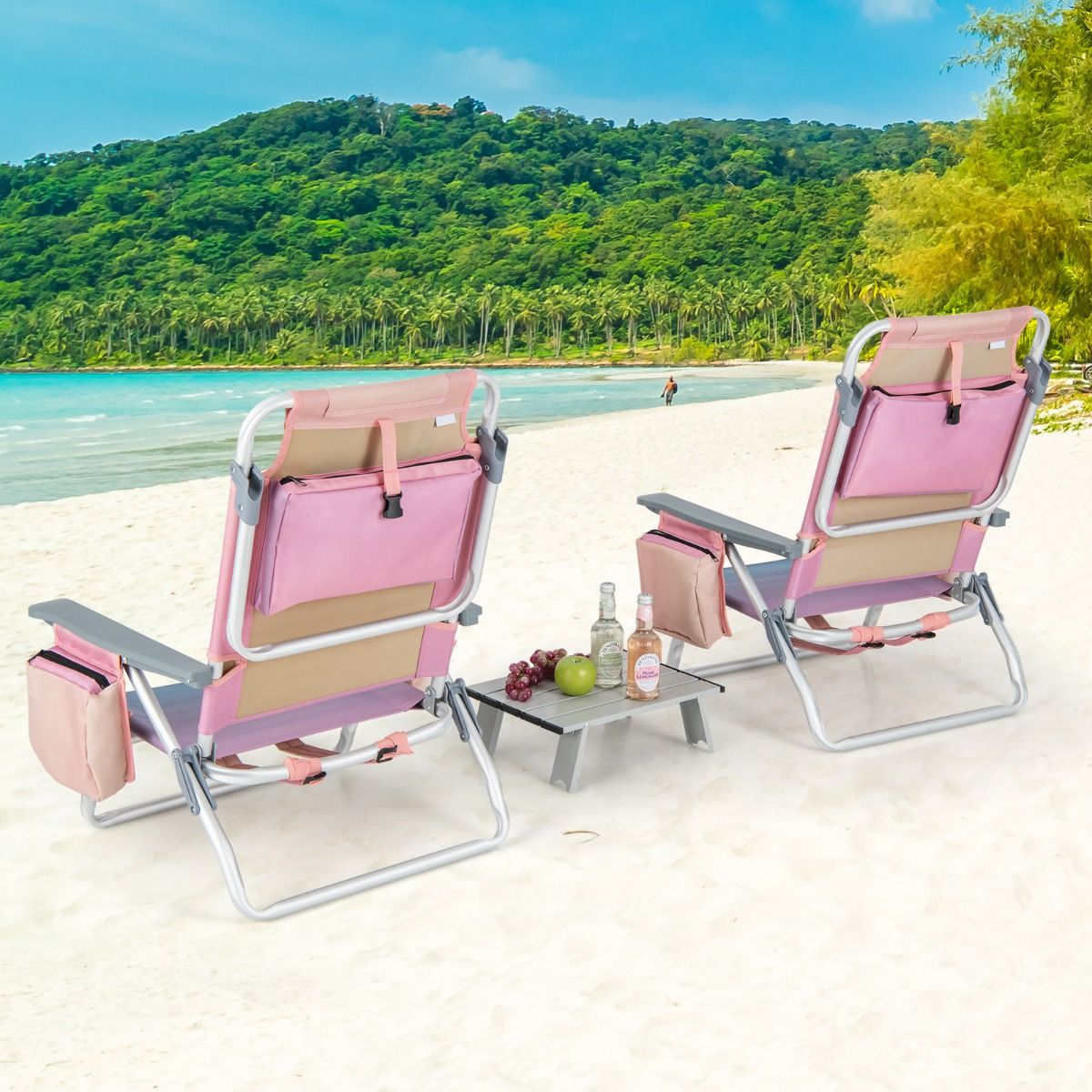 Set of 2 Folding Beach Camping Chairs Aluminum Roll-Up Table Headrest Adjustable Backrest in 5 Positions 6 Colors to Choose From -
