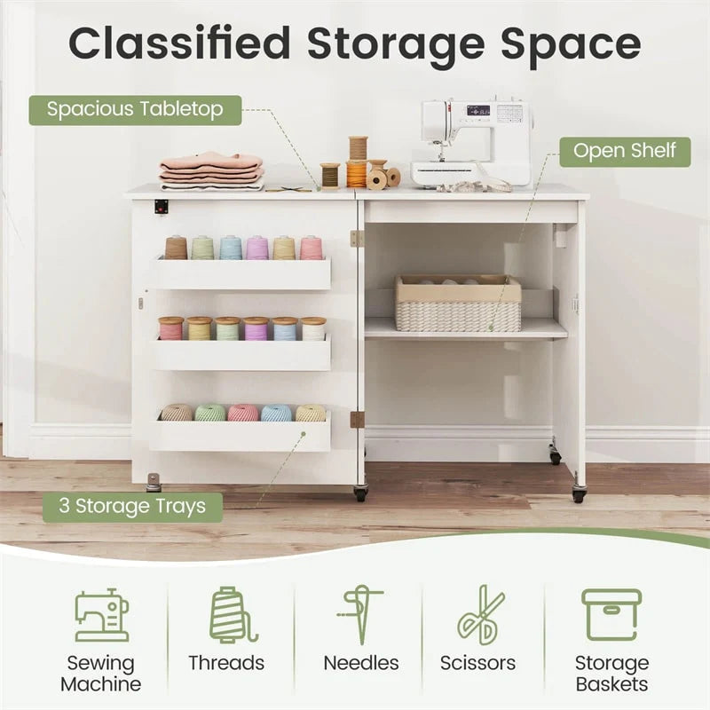 Folding Sewing Table with Charging Station, Rolling Craft Table w/ 3 Storage Trays & Shelf - Product image 30