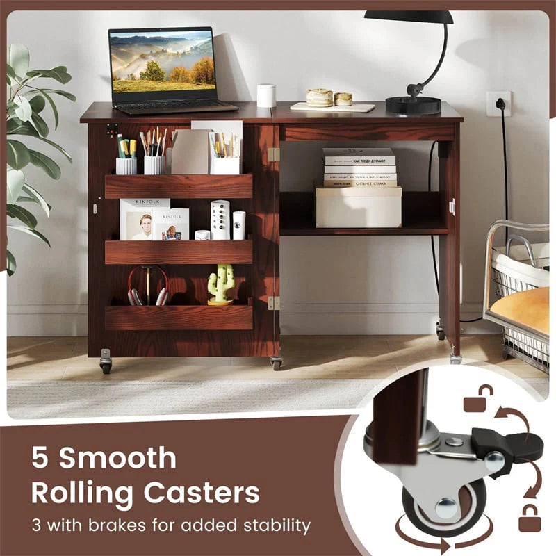 Folding Sewing Table with Charging Station, Rolling Craft Table w/ 3 Storage Trays & Shelf - Product image 22