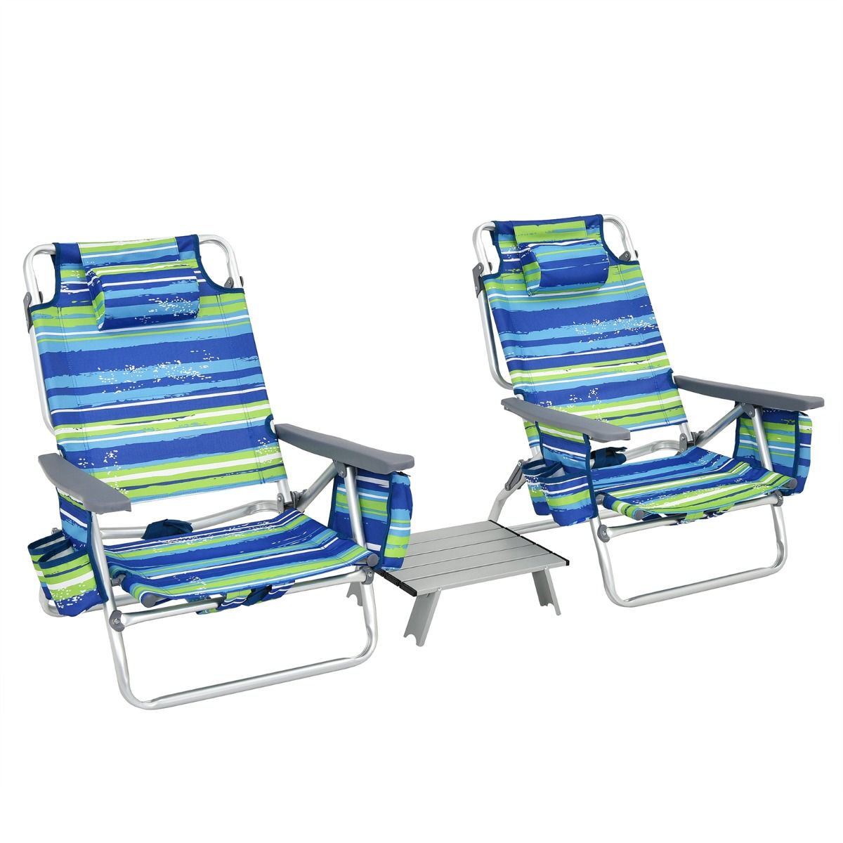 Set of 2 Folding Beach Camping Chairs Aluminum Roll-Up Table Headrest Adjustable Backrest in 5 Positions 6 Colors to Choose From -