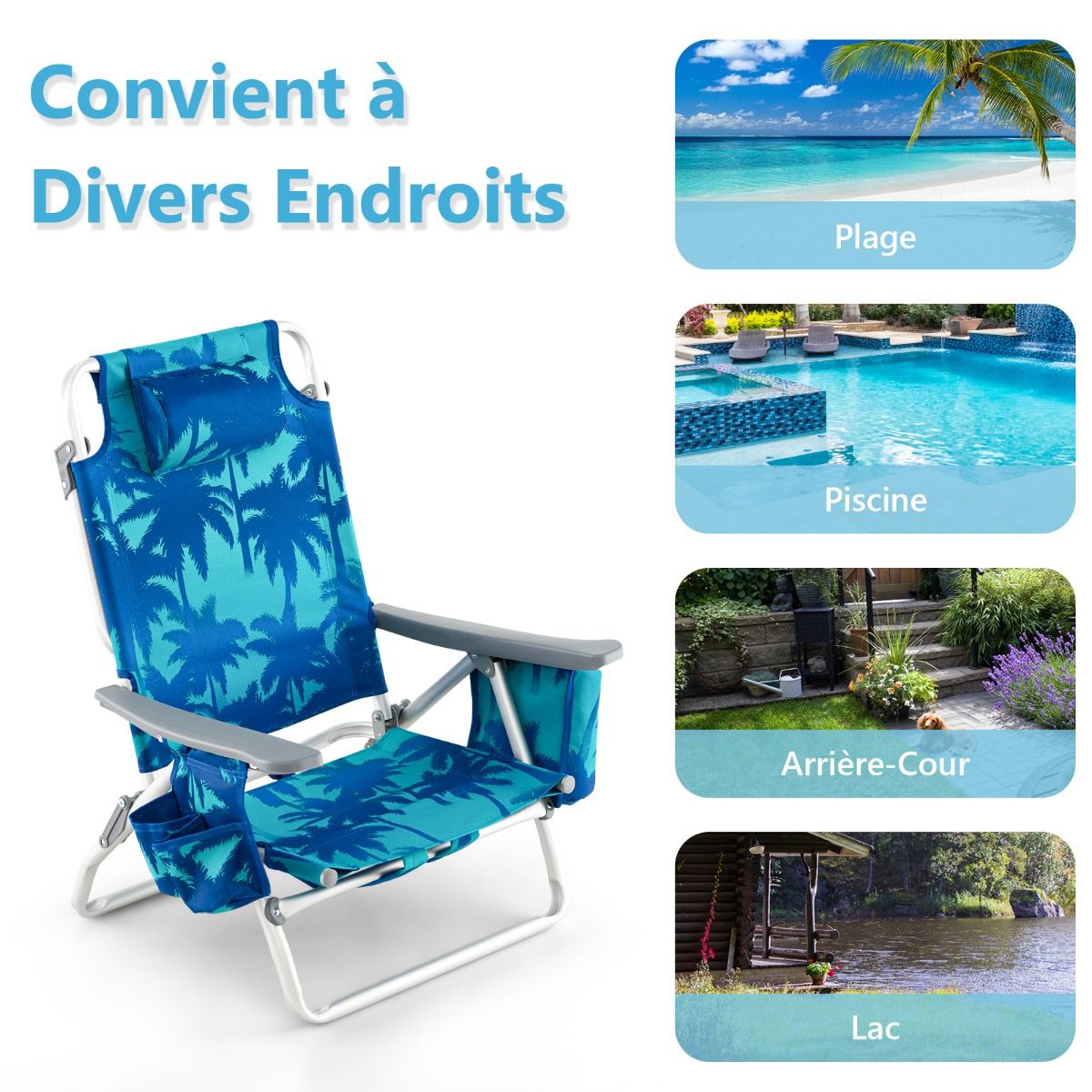 Set of 2 Folding Beach Camping Chairs Aluminum Roll-Up Table Headrest Adjustable Backrest in 5 Positions 6 Colors to Choose From -