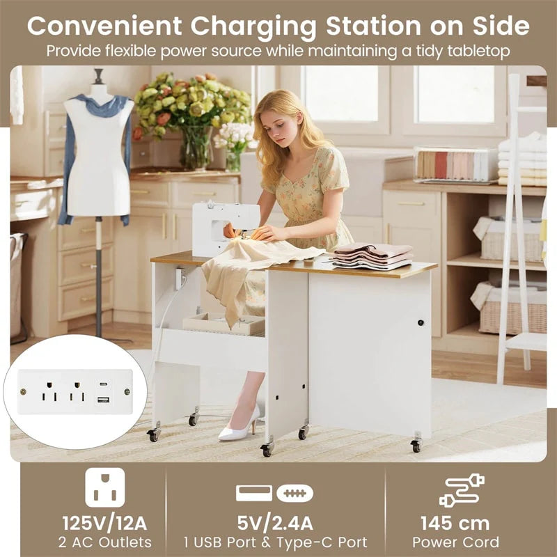 Folding Sewing Table with Charging Station, Rolling Craft Table w/ 3 Storage Trays & Shelf - Product image 7