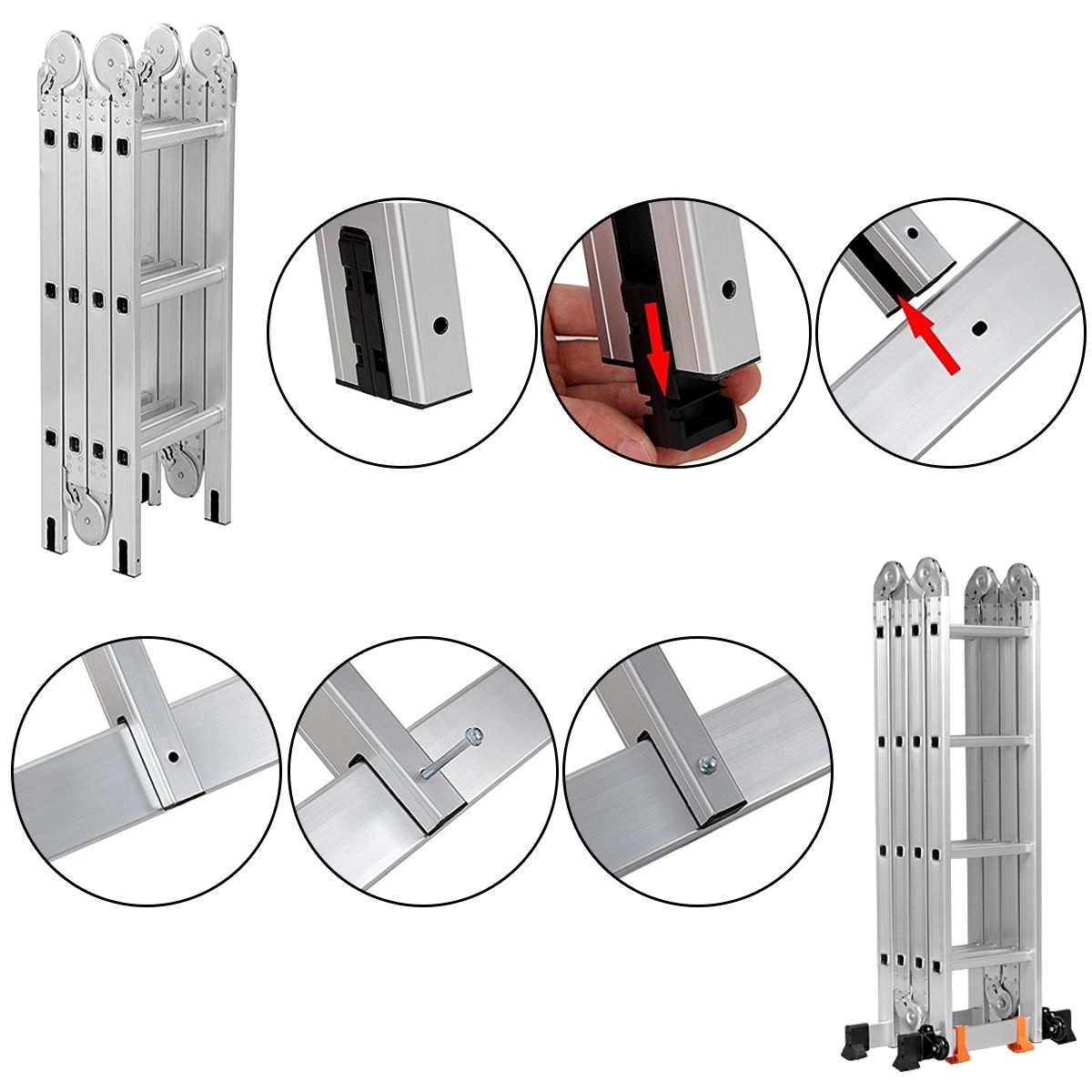 5 in 1 Multipurpose Ladder with 2 Uprights 4 Folds 15 Rungs Foldable and Multifunction Capacity 150kg in Aluminum -