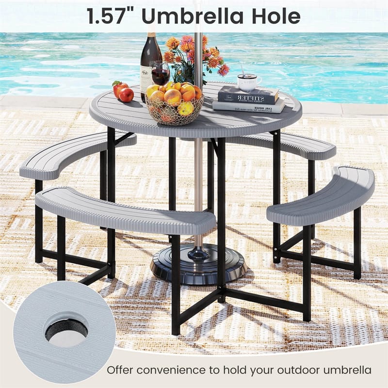 8 Person Round Outdoor Picnic Table Bench Set with Umbrella Hole, All-Weather HDPE Tabletop & Metal Frame - Product image 27