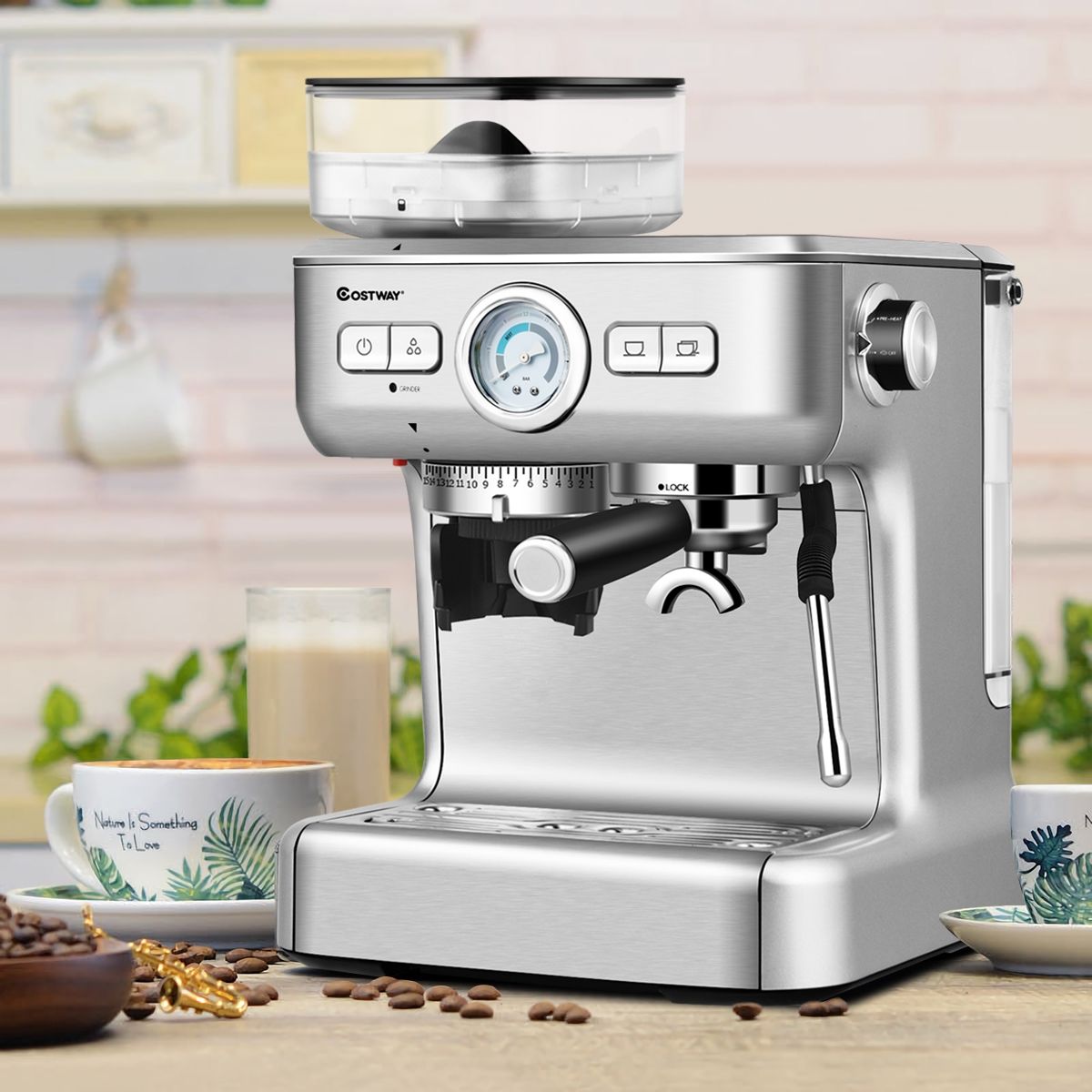 Automatic Coffee Machine with Bean Grinder 1350W 30 Adjustable Coffee Powder Levels Adjustable Temperature -
