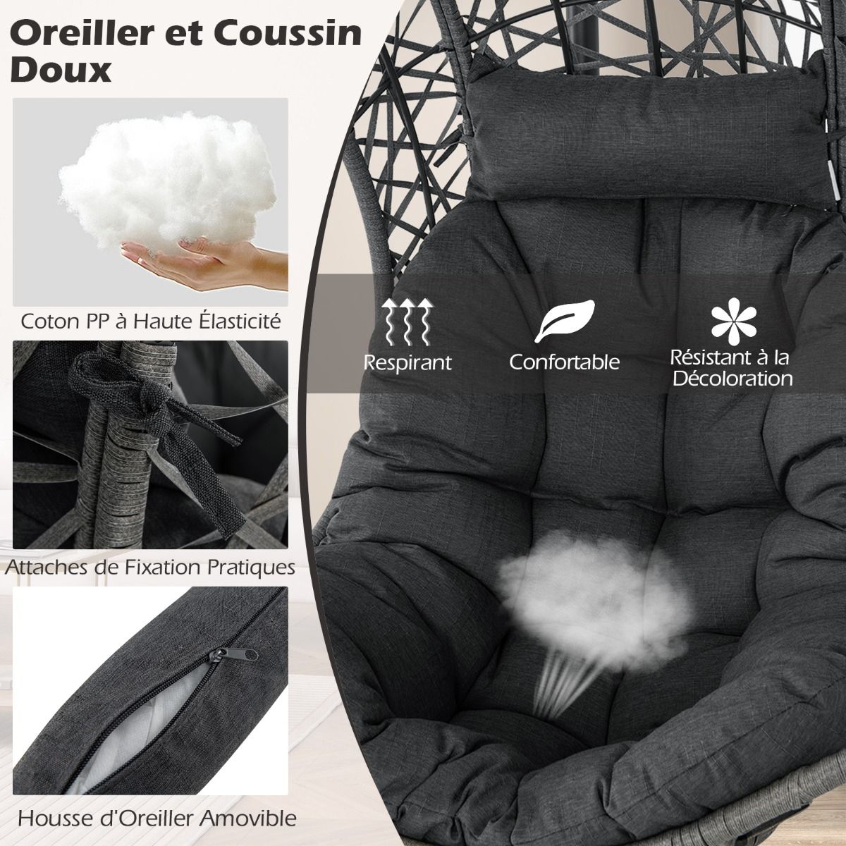 PE Rattan Egg Chair with Stand with Pillow and Cushion Hanging Chair with Suspension Accessories Capacity 160 Kg Gray -