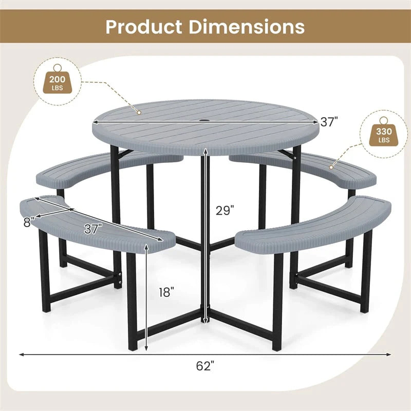 8 Person Round Outdoor Picnic Table Bench Set with Umbrella Hole, All-Weather HDPE Tabletop & Metal Frame - Product image 23