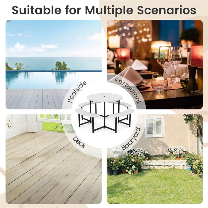 8 Person Round Outdoor Picnic Table Bench Set with Umbrella Hole, All-Weather HDPE Tabletop & Metal Frame - Product image 39