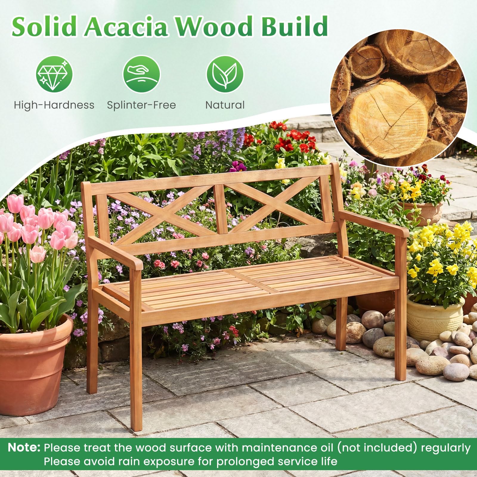 Tangkula Acacia Wood Outdoor Loveseat Bench 2-Person Patio Garden Bench - Product image 8