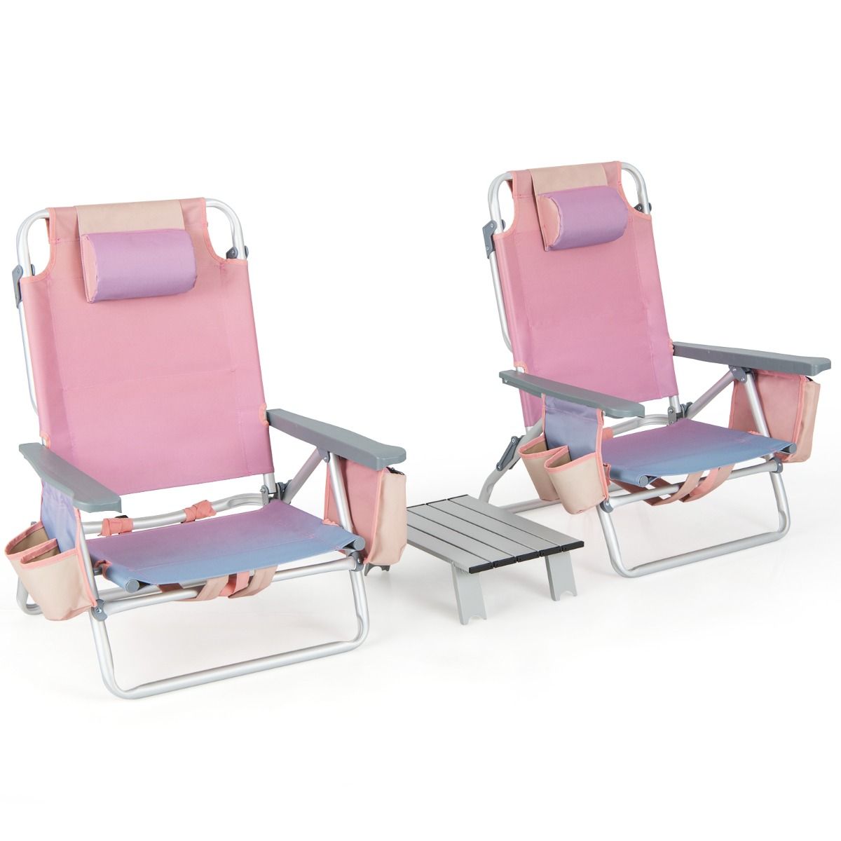 Set of 2 Folding Beach Camping Chairs Aluminum Roll-Up Table Headrest Adjustable Backrest in 5 Positions 6 Colors to Choose From -