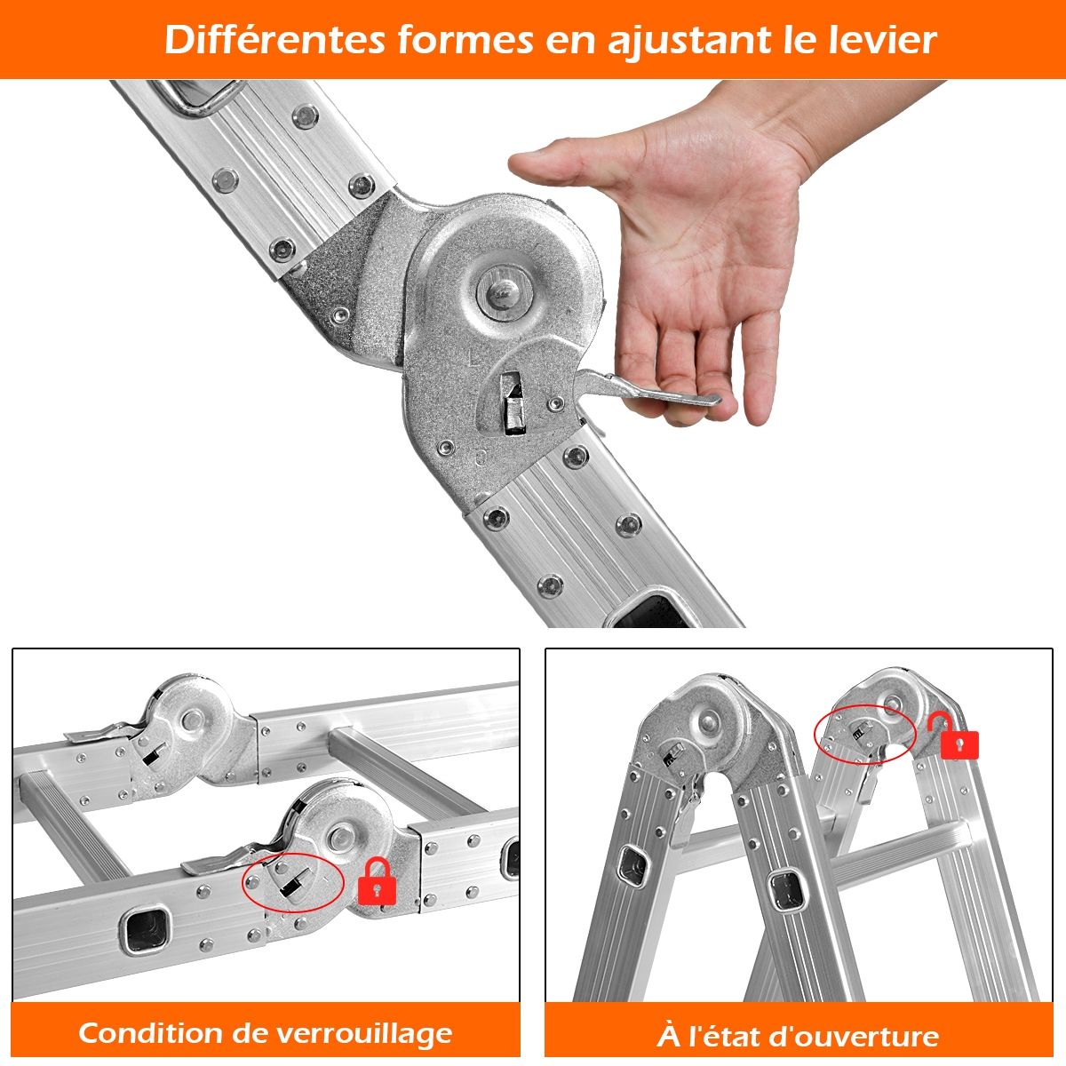 5 in 1 Multipurpose Ladder with 2 Uprights 4 Folds 15 Rungs Foldable and Multifunction Capacity 150kg in Aluminum -